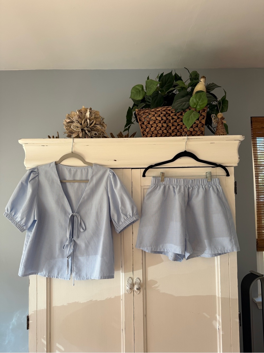 Amazon Light Blue Gingham Tie-Front Lounge Top & Shorts Set